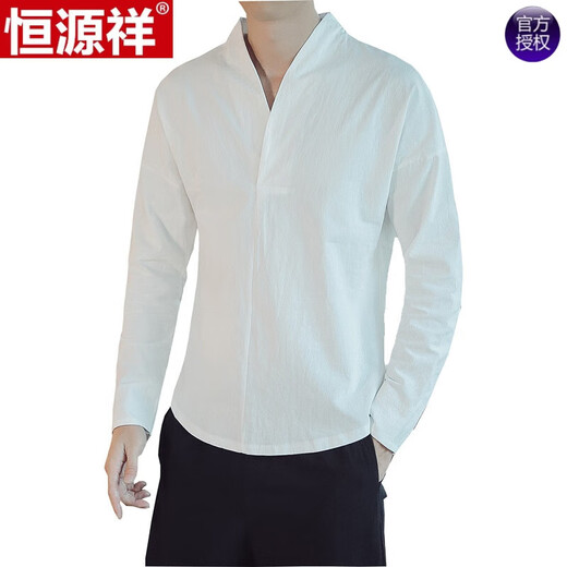 恒源祥中国风男春秋季亚麻长袖t恤男士打底衫复古风汉服唐装棉麻上衣服 7029深灰色  长 袖 XL