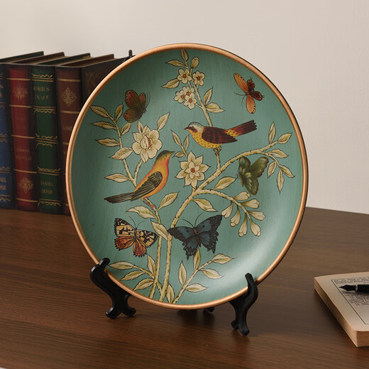 Adornos oficiales de placa de cerámica de ventas directas Tira American Country Ceramic Plate decorativo para ver la muestra de sala de estar 1047 Blue Warbler Blossom + Stand