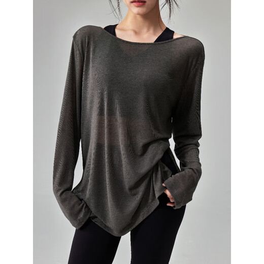 KEJIMITAO European and American ins loose thin yoga wear blouse breathable quick-drying running top round neck slimming Pilates long sleeve dark gray one size fits all (recommended 80-160Jin Jin is equal to about 0.5 kg)