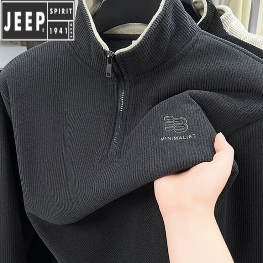 JEEP SPIRIT Jeep zipper stand collar new velvet thickened autumn and winter sweatshirt thickened men's inner layer warm long sleeves dark gray velvet L 110-130Jin Jin equals 0.5 kg