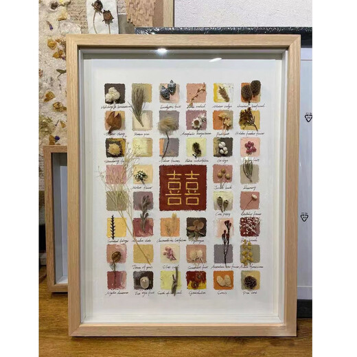 Specimen hollow square wooden narrow edge photo frame plant dried flowers butterfly DIY handmade simple combination decorative painting Finished pink happiness specimen 33cm*43cm Other sizes