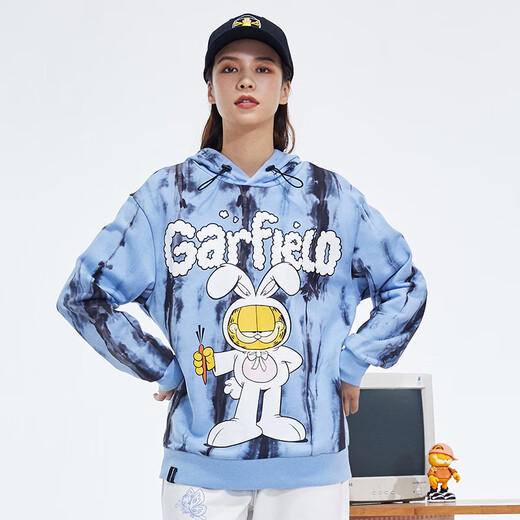 Fun trendy brand spring and autumn new tie-dyed Garfield and Rabbit print cartoon hooded sweatshirt women's casual unisex jacket daylight blue S/160