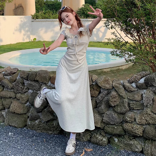 GOCHIEI summer niche design lady style lace splicing lace versatile waist short sleeve square collar temperament mid-length skirt lace-up mid-length skirt M recommended 90-105 Jin Jin equals 0.5 kg