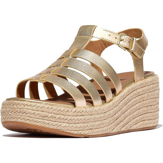Fitflop Damen echte Ledersandalen Sandalen Gurtkeil geformte Fischschuhe vielseitig und bequem Sommer lässige Mid-Heel-Schuhe Platino 39