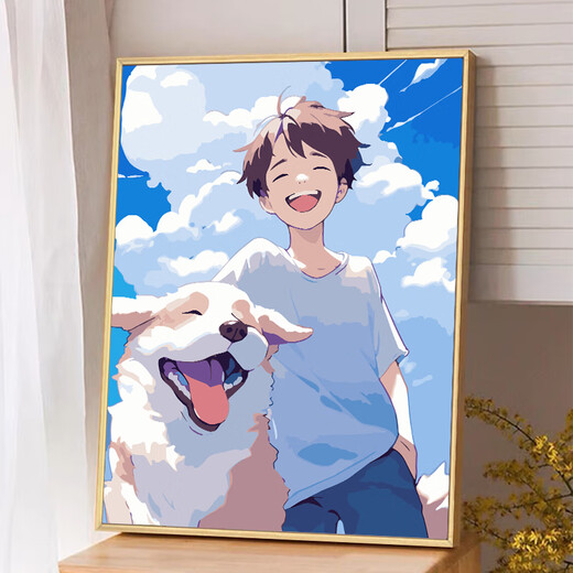 Healing animation boy dog ​​digital oil painting diy filling and coloring handmade painting Miyazaki Hayao decorative painting qx13892 60*70cm thickened solid wood inner frame + decorative outer frame (