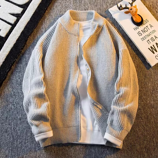 Kuraishi Kazuki trendy solid color cardigan zipper sweater jacket men's 2025 autumn and winter simple thickened loose knitted jacket men's gray XL