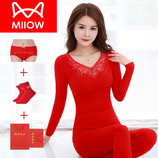 Cat Man (Miiow) Jahr des Jahres des Jahres des Jahres des Frauen -Sets Pure Cotton Body Slim Cotton Pullover verheiratet mit rotem thermischen Unterwäsche weibliche Schlange 9905 Big Red (Herbstkleidung und Herbsthose) 80 110jin [Jin gleich 0,5 kg] (Red Gift Box + rote Häuten + rote Druckfassen