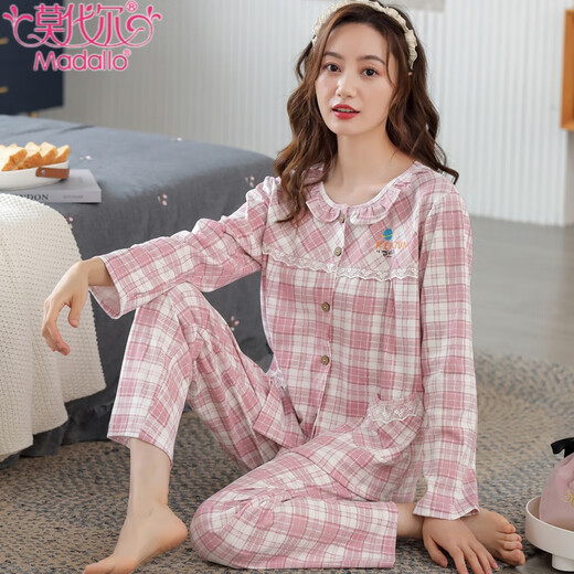 莫代尔中年妈妈睡衣女春秋季纯棉长袖舒适新款家居服秋天宽松套装可外穿 浅黄色 9923 M 建议80-100斤