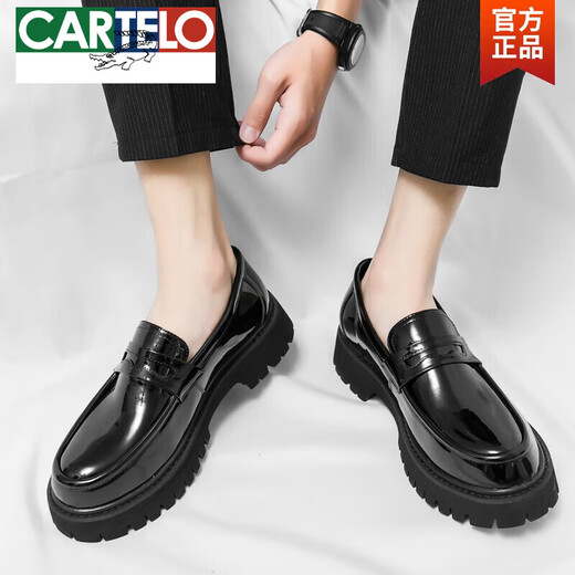 
CARTELO Loafers men's thick sole heightened British style round-toe casual leather shoes business formal wear big head men's shoes trend 698 soft leather black 39
