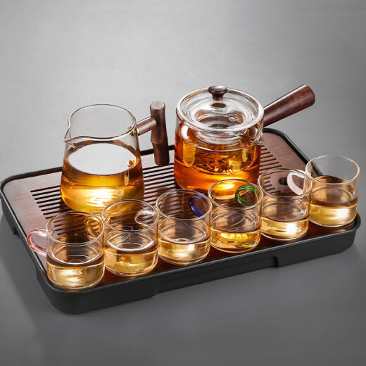 Sanduojiuru tea set, home glass kung fu tea set, light luxury, high-end office reception tea set, 8-piece tea set for one person, one color + six gentlemen + tea tray (37*23)