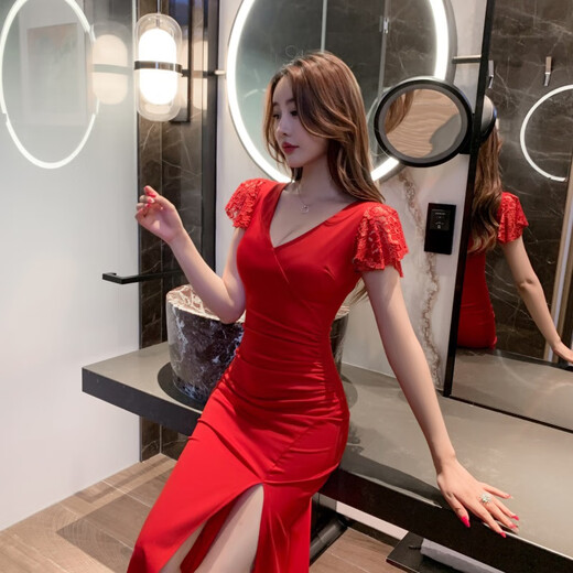
Kun Linyi's temperament sauna sexy dress with long bathing and massage work clothes slim and slim evening dress foot massage technician suit 3882 black M