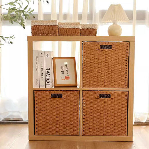 Sorachi lattice cabinet woven storage basket household imitation rattan storage box storage box cabinet clothing and sundries organizing storage box beige with lid and lining 38*26*24 foldable