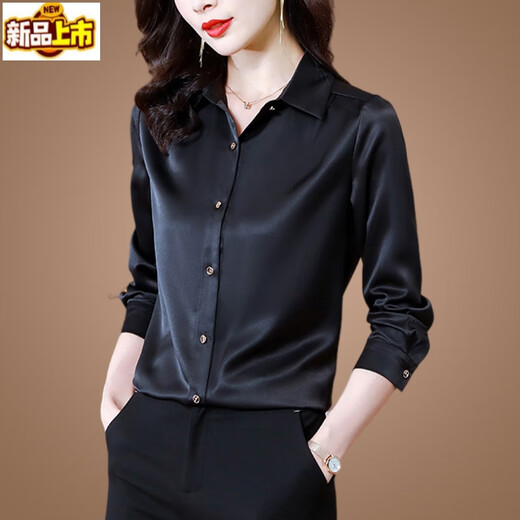 Sorrynam black mulberry silk shirt women's high-end European fashion fashion acetate satin shirt black M 95-105Jin Jin equals 0.5 kg