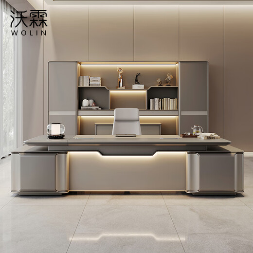 Wolin Boss Desk Chairman Desk Boss President Desk Executive Desk High-end Tables and Chairs Modern Simple Office Furniture 2.4 Meter Boss Desk Voice Controlled Lighting