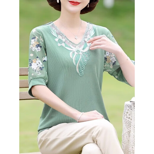 Yu Zhaolin (Yuzhaolin) mittlerer und älterer Frauenkleidung, sommerliche Kurzärärt-T-Shirt Ice Seide Top 2025 Neuer klassischer Stil FQLH698 Lederpulver + schwarze Slips) XL (90-105jin [Jin gleich 0,5 kg]))