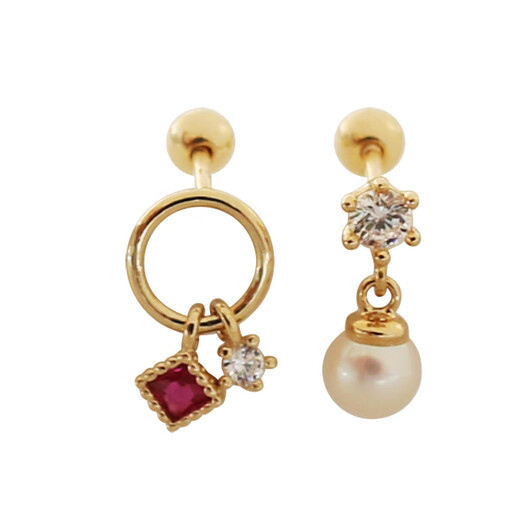 Caizhi temperament Korean 14K/10K gold earrings round diamond pearl pendant ring ear bone K gold screw screw earrings for women No. 2 ring pendant square diamond one 10k gold