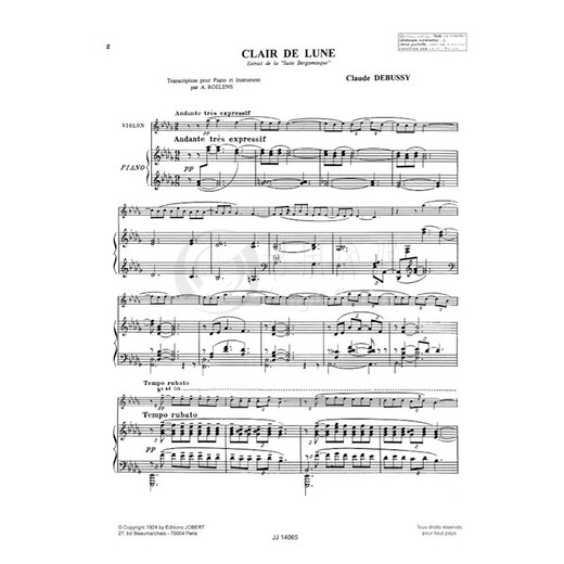 德彪西 月光 小提琴和钢琴 原版进口乐谱书 Debussy Clair de Lune Violin and Piano JJ14065 单本全册