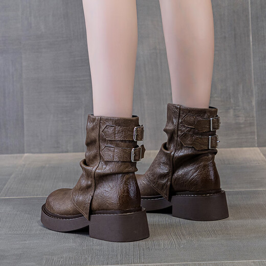 Jin Riman Martin Boots Frauen Kurzstiefel Frauen Frühling und Herbst Retro Western Cowboy Boots Frauen Lange Bootsgürtel Schnalle Hülle Ritterstiefel M2656 Brown 37