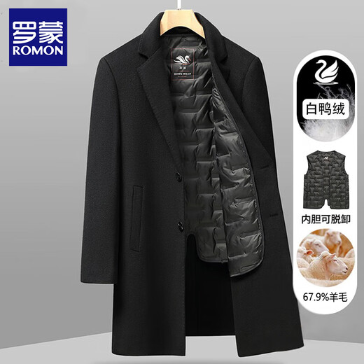 ROMON double-sided woolen coat men's mid-length 2025 winter woolen down lining woolen coat warm woolen coat 1921 black high quality double-sided wool/white duck XL 135-155Jin Jin equals 0.5 kg