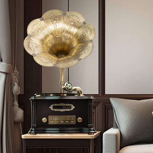 Heritage Family Retro Desktop Phonograph Living Room European Bluetooth Small Speaker Solid Wood Small Old-fashioned Antique Vinyl Record Player Mini Record Player 708 Ebony Copper Speaker + Package A