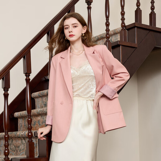 Sancai 2025 Autumn New Casual Suit Jacket Double-breasted Simple Shoulder Small Suit Loose Temperament M Cherry Blossom Pink L