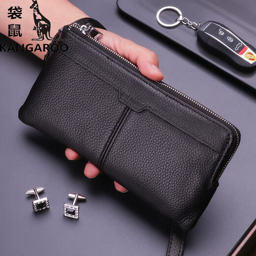 Kangaroo (KANGAROO) Atmospheric Handbag Men's Wallet Men's Long Leather Small Handbag Men's Mobile Bag Multi-functional Cowhide Handbag Black Small