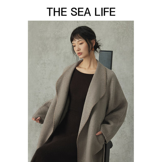 THE SEA LIFE 廓形系带双面呢大衣女秋冬中长款奶茶色12625 奶茶棕 S
