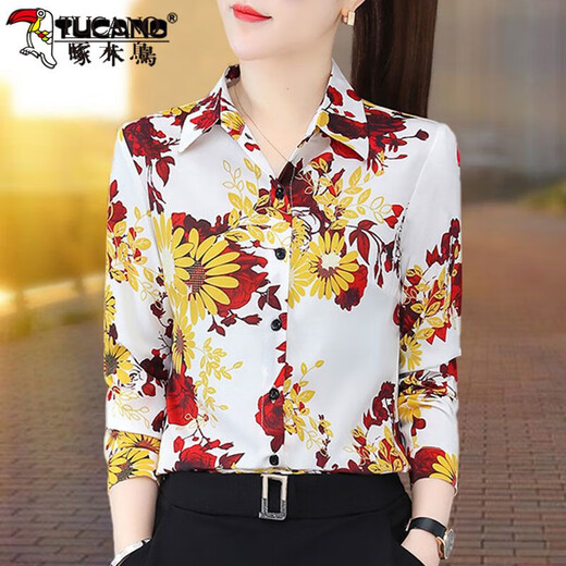Woodpecker () Shirt Women's Shirt Femmes 2022 Prived Mariffon Automne à manches longues Nouveau style Floral Floral 3519_Red S_Suggest 80-95Jin [Jin est égal à 0,5 kg]