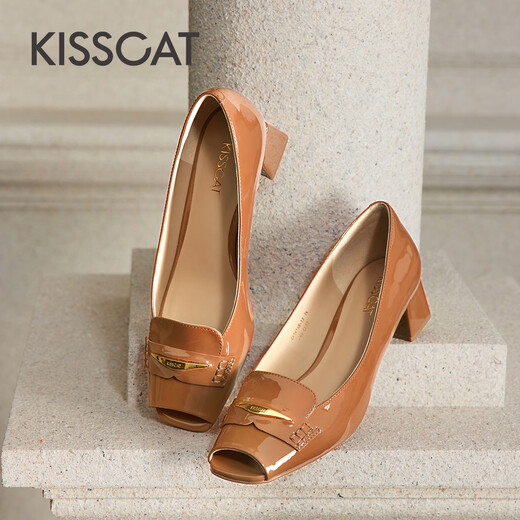 Kisscat küssen Katze Sommer Neue französische Stil High Heel Schuhe Fischmund dicker Absatzmund Single Schuhe Frauen Ka54168-13 Dunkelgelbbraun 37