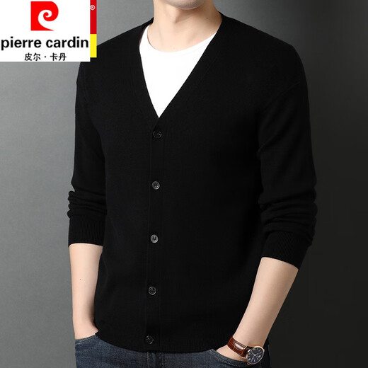 皮尔卡丹（pierre cardin）羊毛针织开衫男春秋季新款v领毛衣外套中年男士纯色商务休闲上衣 黑色 XL 175 【130-140斤穿】