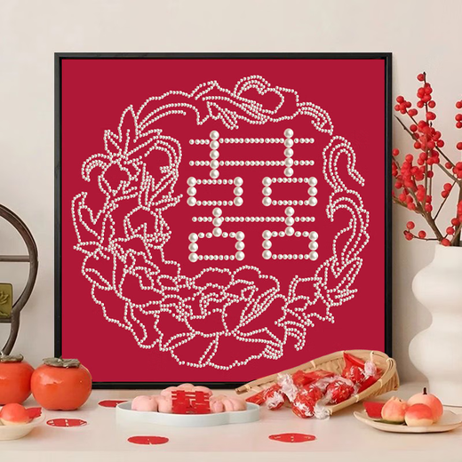 Three-color tiger flowers are blooming like brocade pearls and happy characters digital oil painting wedding handmade engagement gift materials packaging decoration hanging LL11762 full color spray painting gift bag + dot diamond pen 30x30cm thick solid wood inner frame + beautiful outer frame default wood color No need to paint red background canvas + pearl full set of material bag