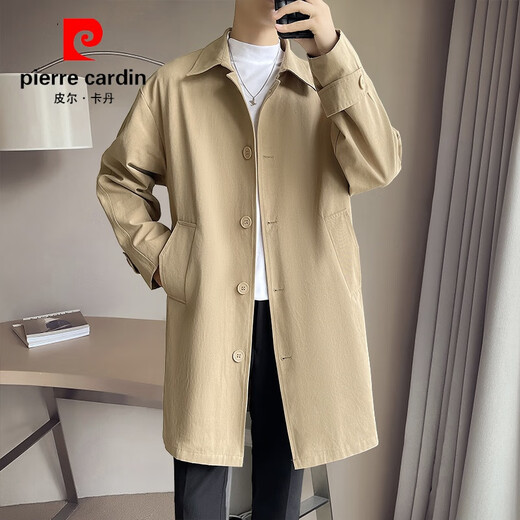 Pierre Cardin 2026 new spring and autumn trendy new mid-length single-breasted jacket, simple, handsome, versatile, loose windbreaker for men, khaki 2XL