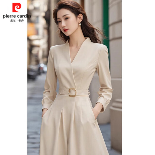 Pierre Cardin (pierre cardin) high-end fashion dress women's 2025 spring and autumn new slim slim formal occasion temperament long skirt apricot long dress L (recommended 105-115 Jin Jin equals 0.5 kg high quality)