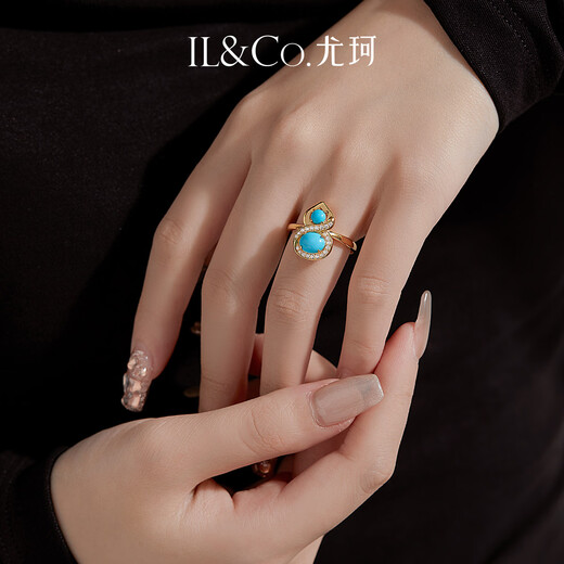 IL&CO Youke S925 Silver Small Gourd Natural Turquoise Necklace Women's National Style Jewelry Birthday Valentine's Day Gift S925 Silver Turquoise Ring