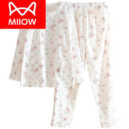 Cat Man (Miiow) pijama de sarga de algodón para mujeres en primavera y verano mangas largas delgadas, pijama de algodón de algodón de algodón de algodón fresco tejido floral juego de ropa para el hogar Rose Rojo Lemón 6636 L 108 120Jin [Jin iguala 0.5 kg]