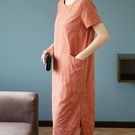 Hengyuanxiang Coton décontracté et lin Robe à manches courtes pour femmes en été 2025 Nouveau tempérament Mère Suit de grande taille Loose Skut Jupe Orange Red S