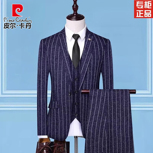 Pierre Cardin suit men's Korean style slim striped suit three-piece business wedding dress for men black suit + vest + trousers 4XL