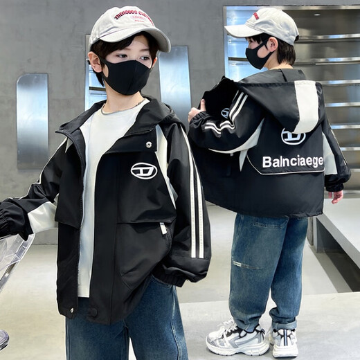G.DUCKKIDS童装男童外套春秋款2024新款儿童冲锋衣中大童秋季户外连帽风衣 7029款黑色amgckeg 120码建议110-120cm6-7岁