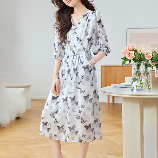 OLJ高档品牌连衣裙女2025年夏季新款感气质v领中袖印花雪纺裙子 黑蝴蝶 M