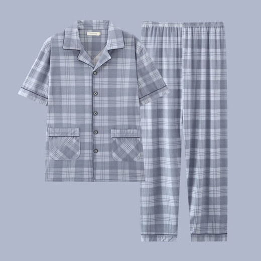 Heyu Herren-Pyjama-Herren-Kurzärmel-Sommer-Dünne Baumwoll-Pyjama-Pyjama-Herren-Feder- und Sommer-Kleidungsstück G3884 Blau (kurzärmelig) 195 4xl [Empfohlen 170-200jin [Jin gleich 0,5 kg]]