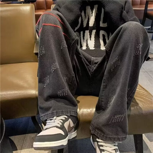 南笙范 美式复古牛仔裤男春秋高街vibe潮牌阔腿裤子直筒宽松休闲长裤潮 G826-黑灰色 L