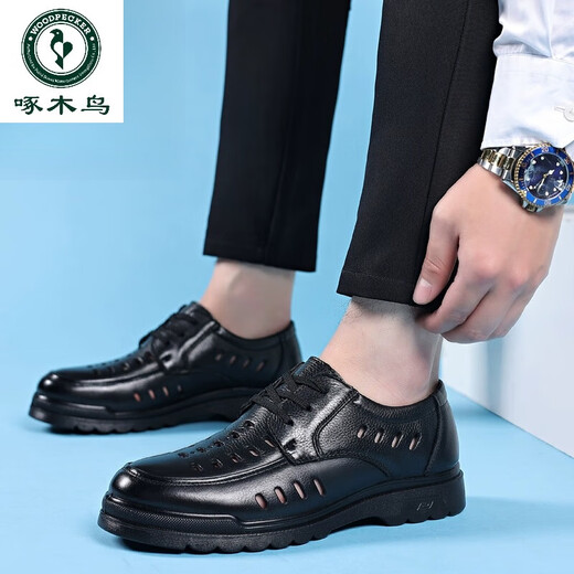 Spechts Sandalen für Herren Sommer Neues echtes Leder atmungsaktives lässig Lederschuhe für Herren Hollow Hole Schuhe Weiche Sohle Vaters Schuhe 6627 Black Hollow 41