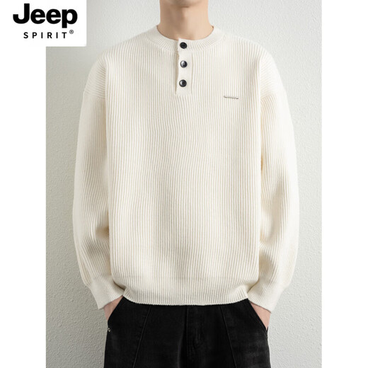 JEEP SPIRIT Jeep sweater men's new autumn and winter loose round neck white sweater with sweater for boys Henry shirt handsome WE25621 white M recommended 95-115Jin Jin equals 0.5 kg