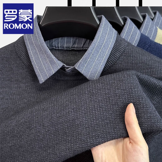 罗蒙（ROMON）假两件毛衣男秋冬季衬衫领套头毛衫中年男士保暖上衣针织打底衫潮 黑色+蓝灰 185/3XL