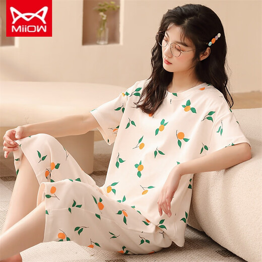 Catman Miiow Pyjamas Frauen Sommer Reine Baumwolle süße großgröße dünne, kurzärschige Hosen Frühling und Herbst Zweier Anzug Sommerkleidung kurzärmelige Kumpelhosen-683 gelbes Gitter xl