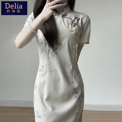 Reserved style new Chinese retro Republican style cheongsam 2025 summer new young girl slim dress for women long 719 flower branches [excluding accessories] M Recommended 85-100 Jin [Jin equals 0.5 kg]