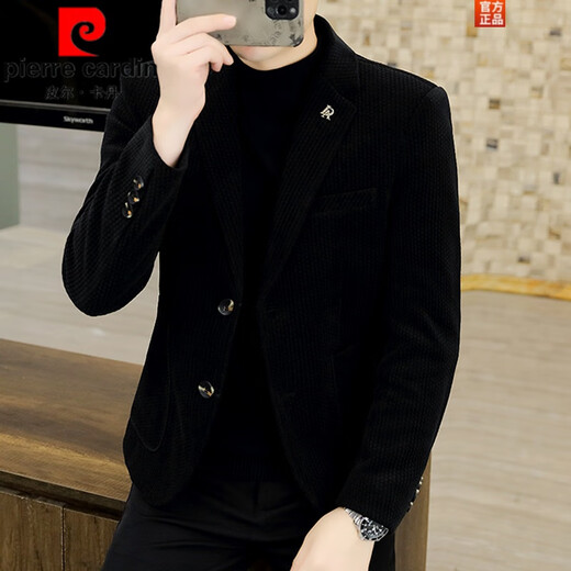 Pierre Cardin fashion men's autumn and winter woolen suits trendy business high-end casual thickened woolen men's small suit jacket black 165/M suitable for 95-105Jin Jin equals 0.5 kg