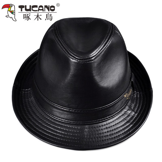 Woodpecker middle-aged and elderly men's genuine leather jazz gentleman hat spring and autumn warm sheepskin hat casual trendy winter elderly cowhide hat black sheepskin XL (57-58cm)