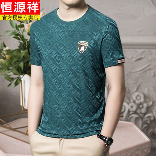 恒源祥夏季提花桑蚕丝t恤男士短袖圆领真冰|丝休闲百搭中年半袖潮流体恤 黑色838 175/XL码【135-150斤】