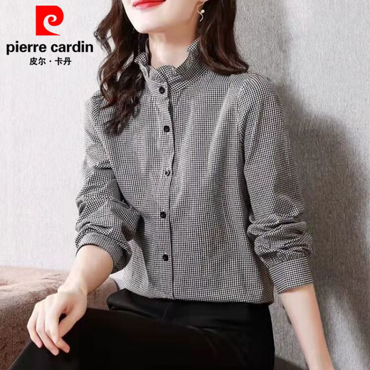 Pierre Cardin black and white plaid shirt women's long-sleeved stand-up collar fungus lace cardigan top Korean style spring and autumn loose bottoming versatile black and white plaid S 75-95Jin Jin equals 0.5 kg